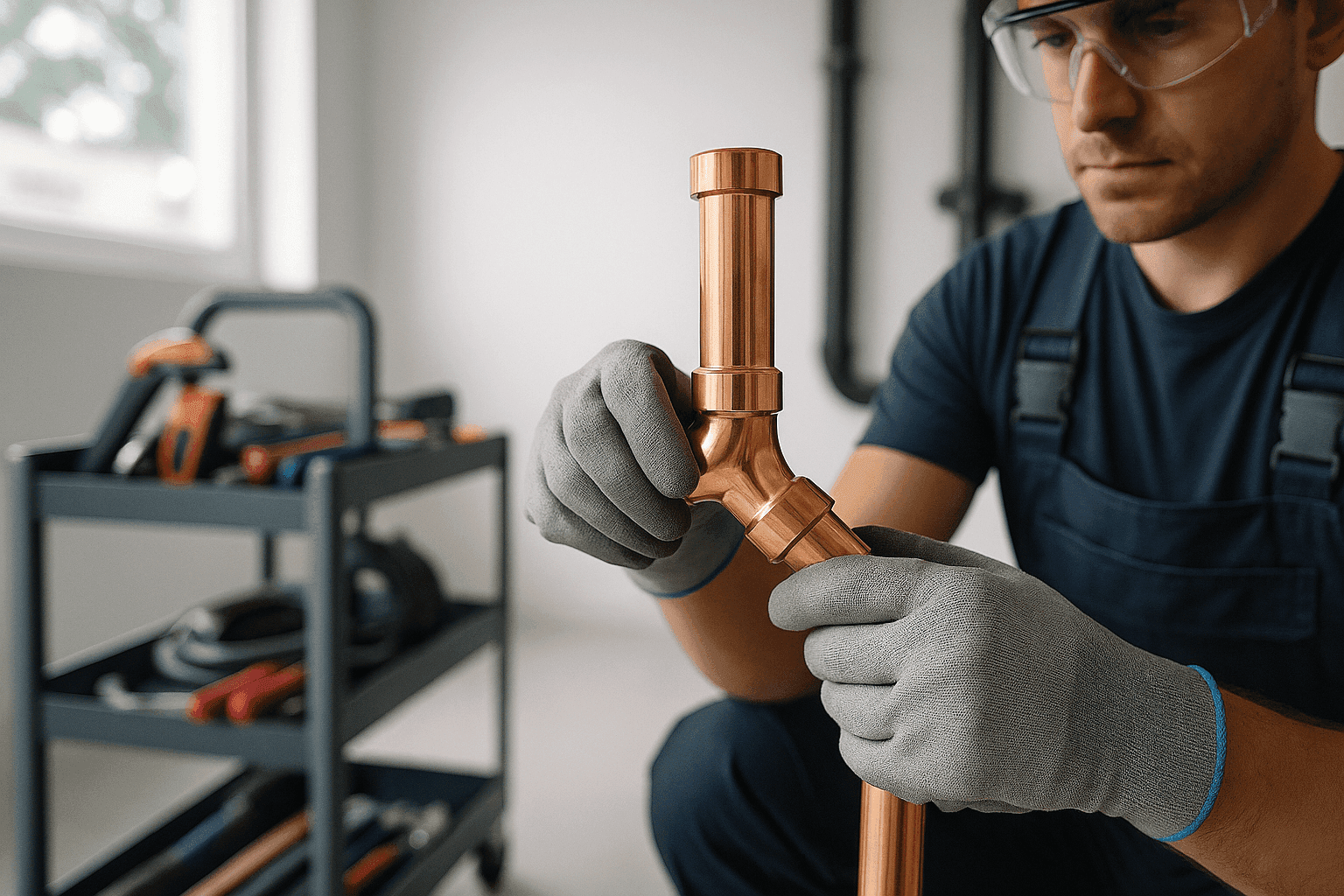 Gloved plumber adjusting copper pipe fitting in clean residential or commercial workspace in Washington