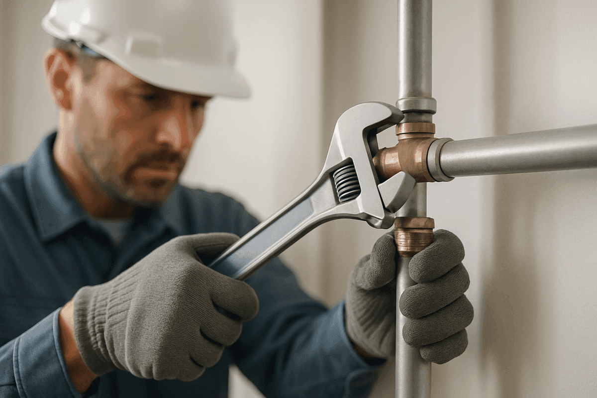 Plumber wearing gloves and helmet tightening pipe fitting with adjustable wrench indoors in Washington