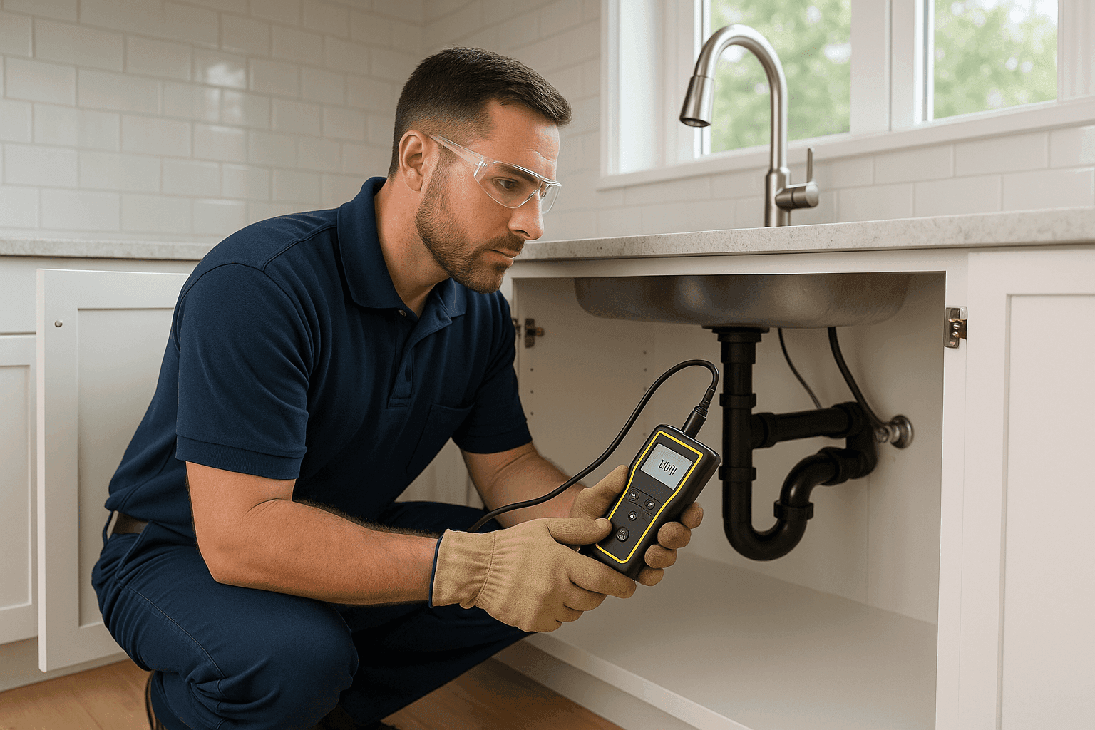 Plumber using detection equipment to check for water leaks under a kitchen sink