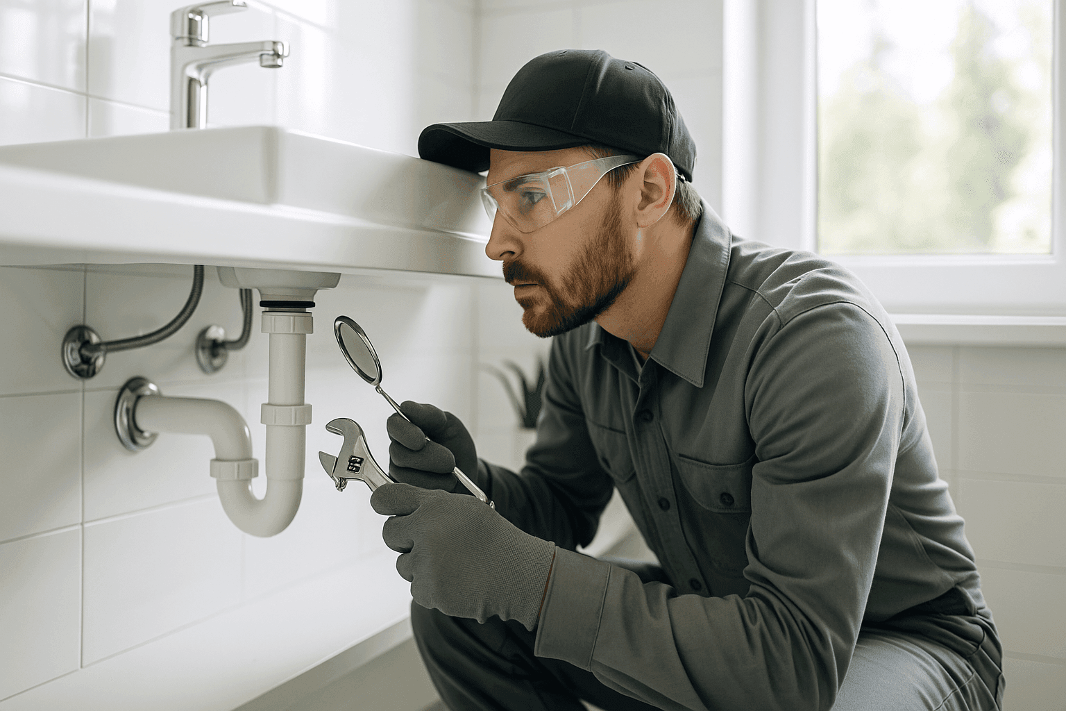 Plumber performing routine maintenance on pipes under a bathroom sink
