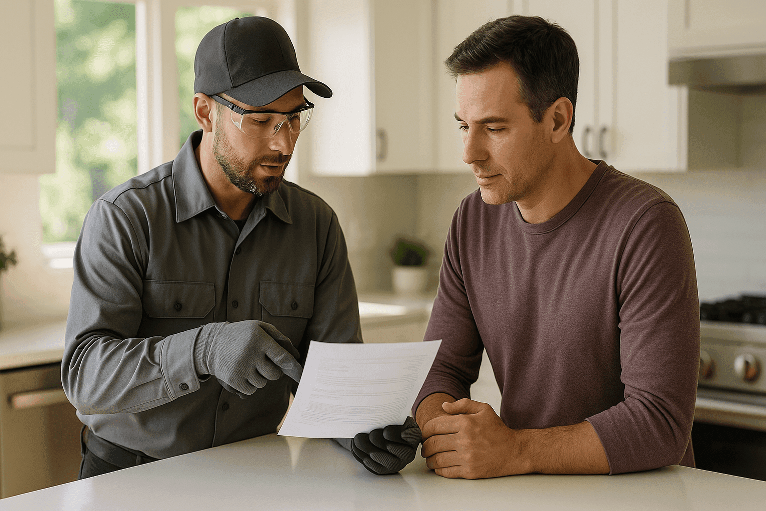 Plumber showing customer a detailed service estimate in a modern kitchen
