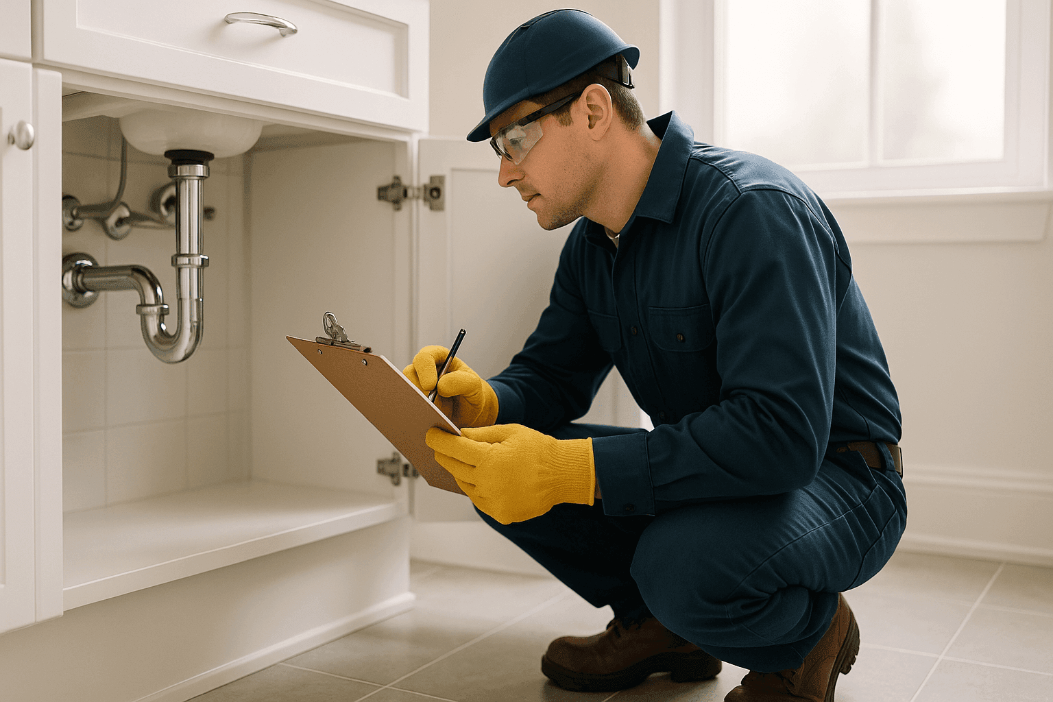 Technician inspecting pipes under a bathroom sink for routine maintenance