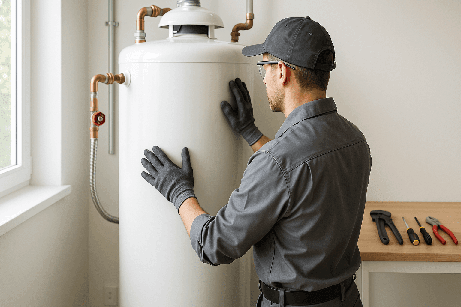 Technician inspecting a residential water heater with tools nearby