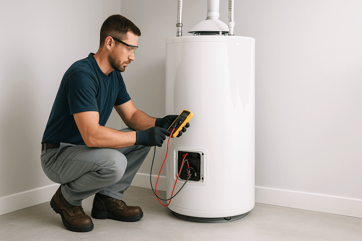 Technician inspecting water heater with multimeter in utility room